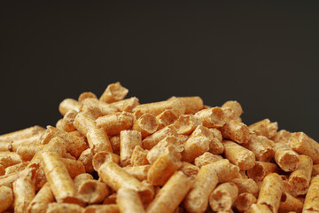 Wood pellets biofuel pile on gray background