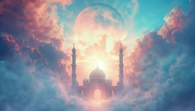 majestic mosque above the clouds with a beautiful twilight sky in the background