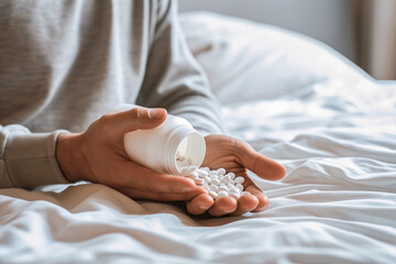 Close-up of a person's hand holding a bottle and pouring out white pills on a bed, indicating a moment of daily health management. - obrazy, fototapety, plakaty
