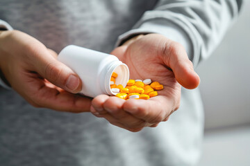 An adult pouring orange pills into a hand from a white medicine bottle, showcasing healthcare and medication.