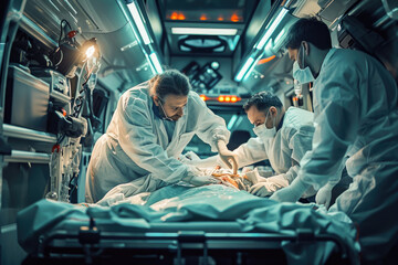 Medical team in scrubs performing urgent surgery in an operating room, focused on patient care and treatment. - obrazy, fototapety, plakaty