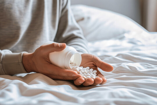 Close-up of a person's hand holding a bottle and pouring out white pills on a bed, indicating a moment of daily health management.