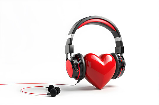Red heart with headphones. Valentine's day background 3D Illustration