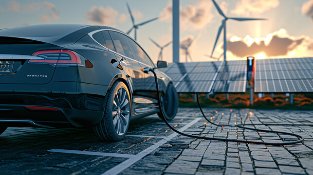 Sustainable Energy Concept with Electric Vehicle at Charging Station, Solar Panels, and Windmill Background