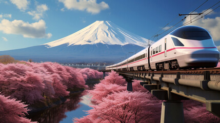 High-speed electric trains pass by Mount Fuji in spring. Ai generate.