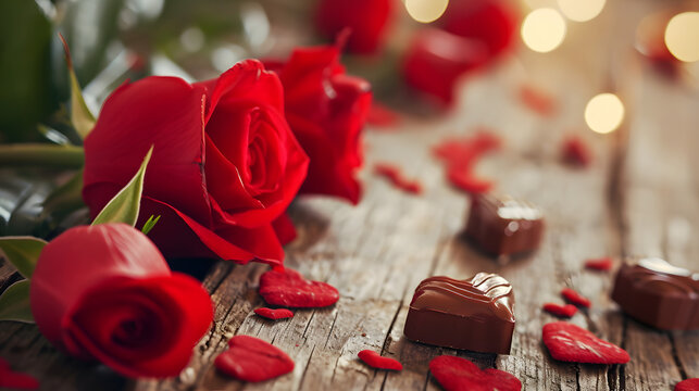 Indulge in the romantic allure of valentine's day with a stunning image of a crimson rose and delectable chocolate, capturing the essence of sweetness and love within the cozy confines of an indoor s