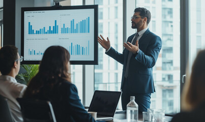 Conference Business Meeting Presentation: CEO Businessman Shows Data to Group of Investors, Businessspeople. Projector Screen Shows Graphs, Product Sales, Revenue Growth Strategy, e-Commerce