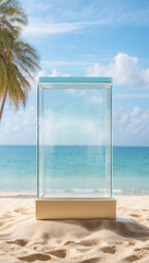 glass podium for product presentation on the beach sand with a blurry beach background