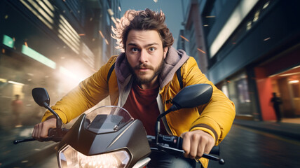 ヘルメット無しでバイクで急ぐ男性 Man in hurry on motorbike without helmet - obrazy, fototapety, plakaty