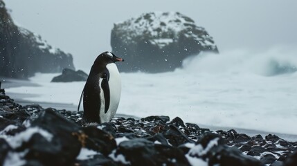 Lonely penguin by the sea. Generative AI