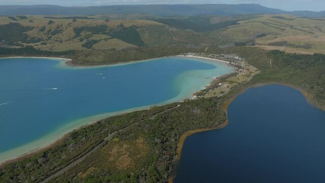 Aerial: Kai Iwi Lakes in summer time. Dargaville, Northland, New Zealand. 