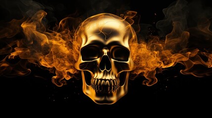 Burning Gold Skull on Black Background, Eerie Symbol of Darker Themes and Fiery Destruction, Halloween mood