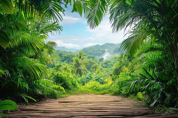 Fototapeta na wymiar footpath leads through a lush green jungle, inviting exploration with its verdant foliage and the promise of adventure in the heart of nature.