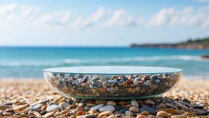 Fototapeta premium glass podium for product presentation on the beach sand with a blurry beach background