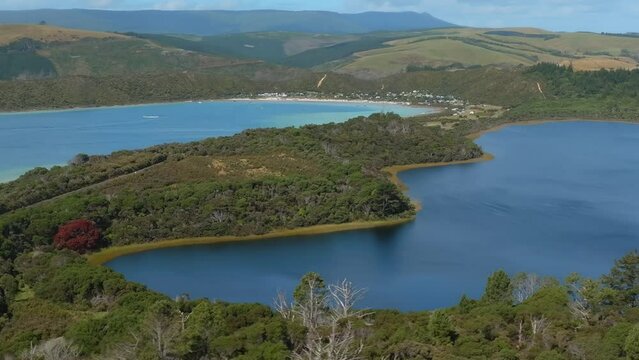 Aerial: Kai Iwi Lakes in summer time. Dargaville, Northland, New Zealand. 