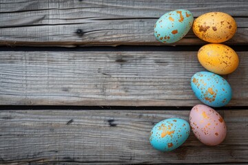 Easter eggs on rustic wooden background with many wooden slats