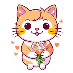 Happy Cat Holding a Bouquet. Cute Kitten Illustration for Valentine's Day, Wedding, March 8, Mother's Day. Flat Vector Illustration Isolated on a Transparent PNG Background