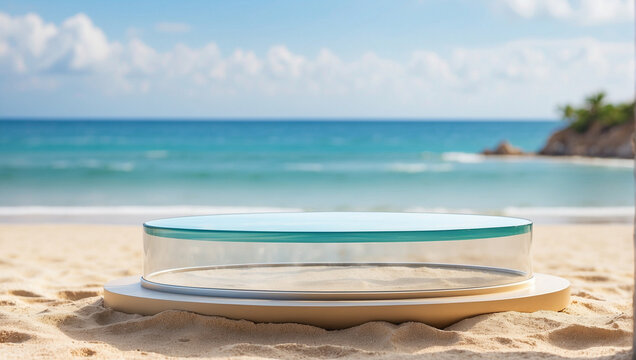 glass podium for product presentation on the beach sand with a blurry beach background