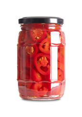 Red jalapeno slices, pickled in a glass jar. Medium-sized hot, red chili peppers, cut into cross sections, pasteurized and preserved in a brine of water, vinegar and salt. Close-up, front view, photo.