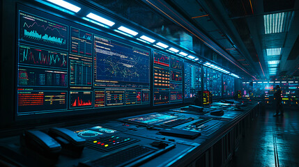 Naklejka premium high-tech control room with many screens displaying graphs and data. It looks futuristic with blue and red lights