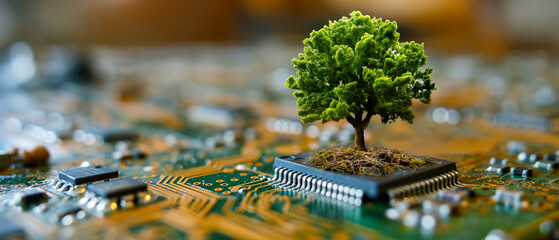 small, full green tree planted atop a complex electronic circuit board, highlighting a striking contrast between organic life and technology