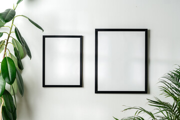 Black frames and houseplant against white wall copy space