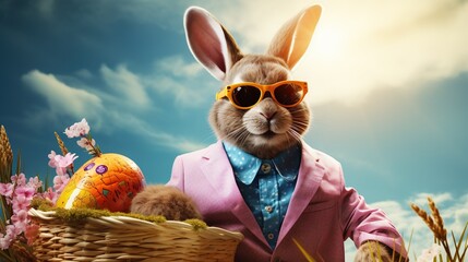 Whimsical Easter bunny wearing sunglasses and holding a basket, hyper-realistic digital manipulation, inspired by Salvador Dali's surrealism