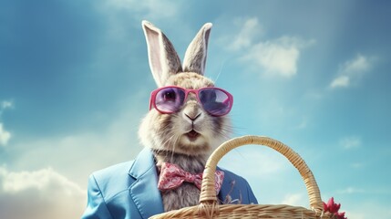 Whimsical Easter bunny wearing sunglasses and holding a basket, hyper-realistic digital manipulation, inspired by Salvador Dali's surrealism