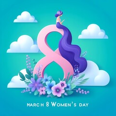 Naklejka premium Happy womens day background with clouds and flowers