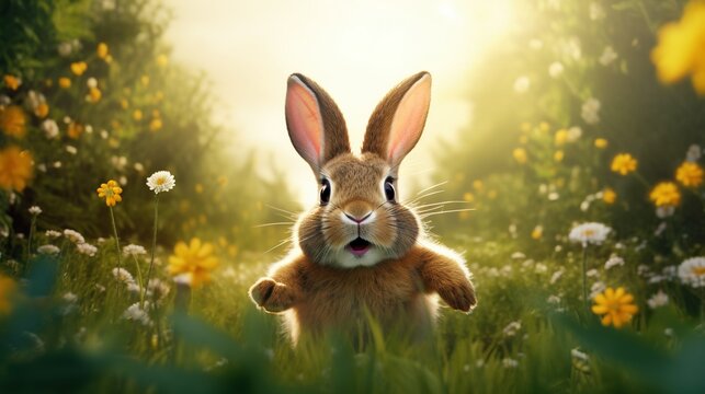 Funny Easter bunny hopping in a meadow with selective focus and copy space, hyper-realistic illustration, inspired by Caravaggio's lighting