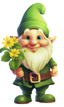 recommend clip art: Patricks Day Gnome with shamrock on white background with copy space. Patricks Day with leprechaun and cloverleaf. Cartoon style illustration. Patricks Day greeting card and poster. Web banner design.