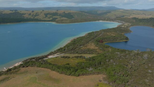 Aerial: Kai Iwi Lakes in summer time. Dargaville, Northland, New Zealand. 