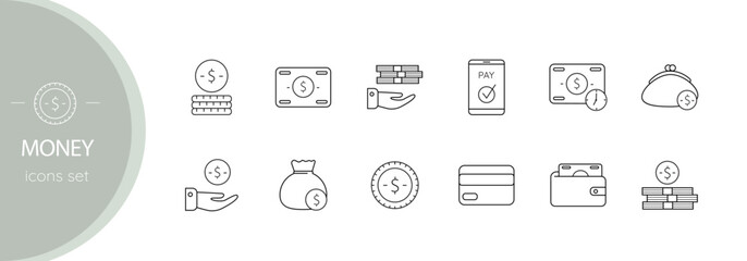 Money line icon set. Credit card, wallet, coins.