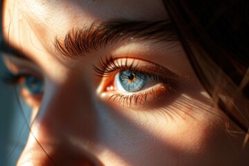 Blue female eyes close up. sunlight