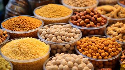 chickpea and other dried food products on the arab street market stall. - obrazy, fototapety, plakaty