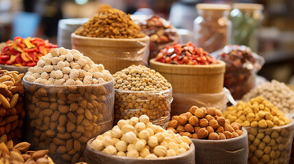 Fototapeta premium chickpea and other dried food products on the arab street market stall.