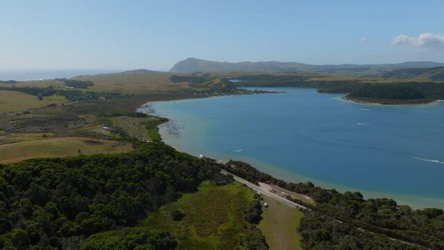 Aerial: Kai Iwi Lakes in summer time. Dargaville, Northland, New Zealand. 