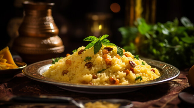 couscous served on wooden table with blurred background