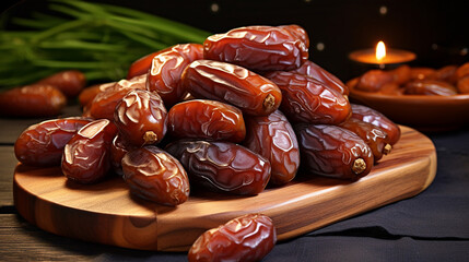 dates fruit on wooden table with candle