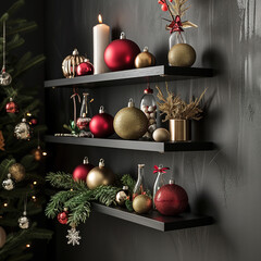 Christmas Shelf Decor with Varied Ornaments