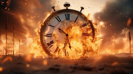Expansive view capturing the burning end of time with a landscape-oriented image of a clock engulfed in flames. - Powered by Adobe