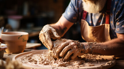 An artist's hands immersed in clay, molding a delicate vase. - obrazy, fototapety, plakaty