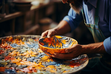 An artist hand-painting a detailed design on a ceramic plate.
