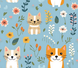 seamless pattern with cats and dogs and flowers
