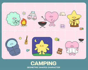 Geometric characters drawn on the theme of camping