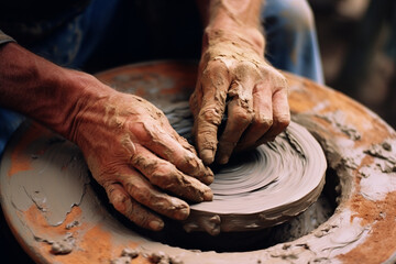 A potterвs hands centering a piece of clay on the wheel. - obrazy, fototapety, plakaty