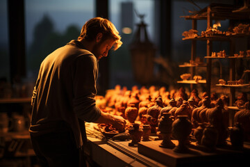 A potter's silhouette against the backdrop of a brightly lit studio. - obrazy, fototapety, plakaty
