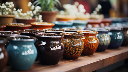 A series of glazed and unglazed pots showcasing different textures. - obrazy, fototapety, plakaty