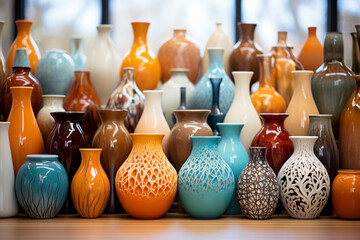 A collection of ceramic vases with different shapes and sizes. - obrazy, fototapety, plakaty