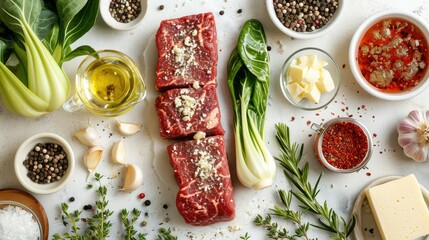 some raw ingredients to make a recipe, such as steak, garlic, bok choy, cheese, butter on a white countertop   - obrazy, fototapety, plakaty